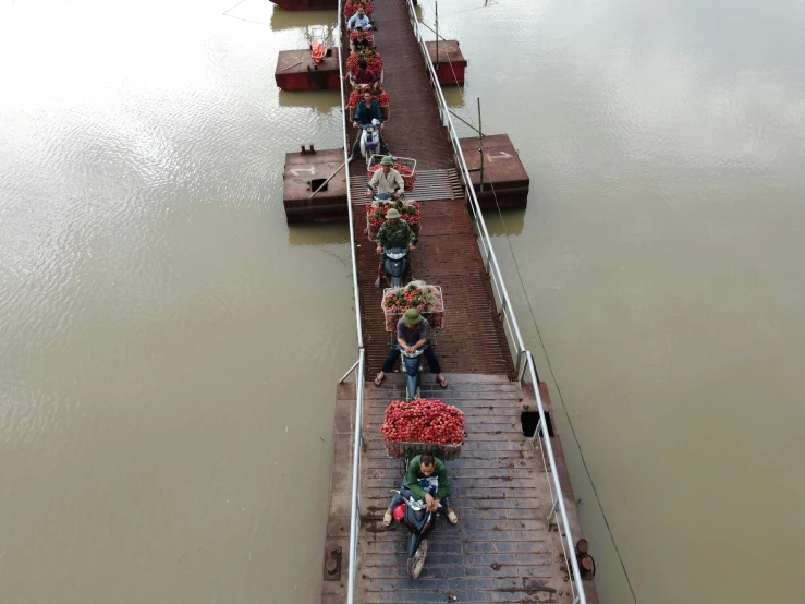 a group of people walking across a wooden bridge, floating vehicles, hoang long ly, hydroponic farms, thumbnail