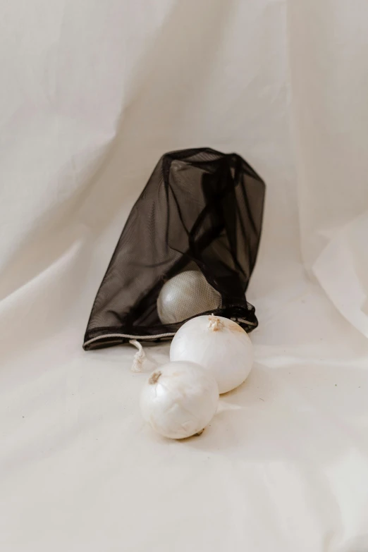 a bag of eggs sitting on top of a white sheet, a still life, by Mardi Barrie, unsplash, flying black marble balls, surrounding onions, product view, silver，ivory