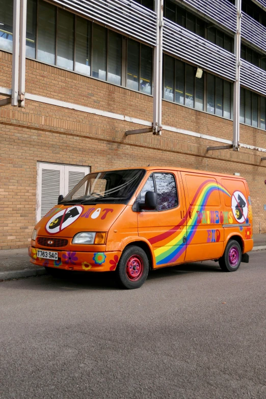 an orange van parked on the side of the road, an album cover, by Tom Bonson, graffiti, just one rainbow 8 k, fancy dress, commercial photograph, brown