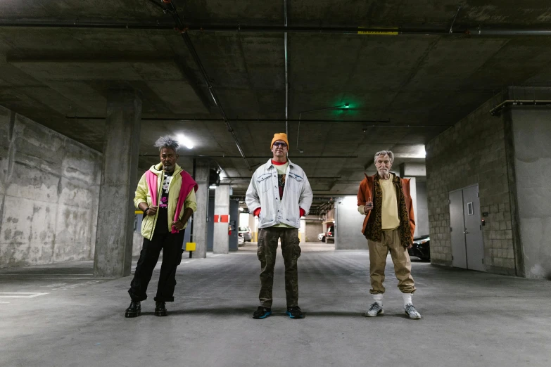 a group of men standing next to each other in a parking garage, renaissance, die antwoord style wear, three point lighting, each wearing correct era clothes, el chavo