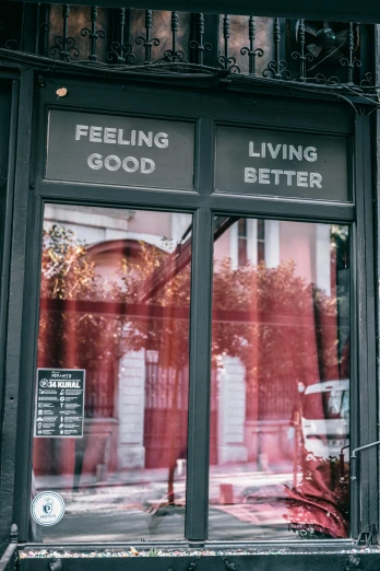 a red fire hydrant sitting in front of a building, by Julia Pishtar, trending on unsplash, photo of a beautiful window, saying, feeling good, shop front