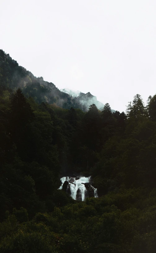 a waterfall in the middle of a lush green forest, an album cover, by Johannes Voss, pexels contest winner, mountains in fog background, panorama view, low quality photo, analogue photo low quality