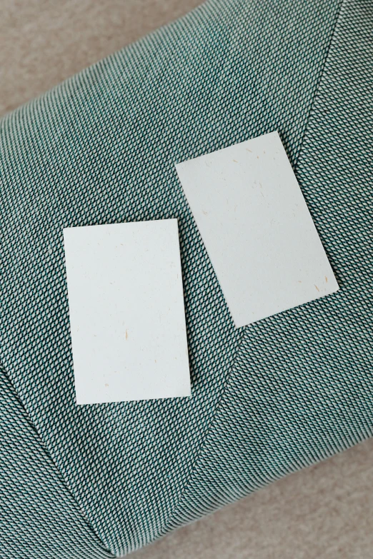 a piece of paper sitting on top of a couch, a picture, a pair of ribbed, card back template, rice paper texture, zinc white