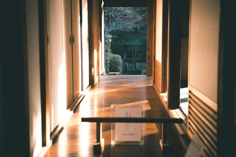 a long hallway with a box on the floor, inspired by Inshō Dōmoto, unsplash, shin hanga, late afternoon light, japanese garden, papers on table, leaning on door