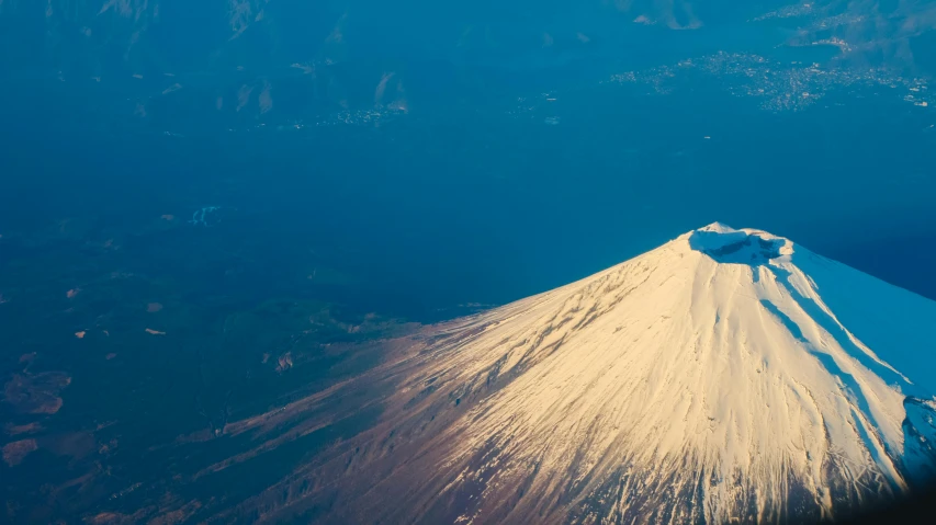 a view of a snow covered mountain from an airplane, trending on unsplash, hurufiyya, volcanic background, russian and japanese mix, slide show, an island floating in the air