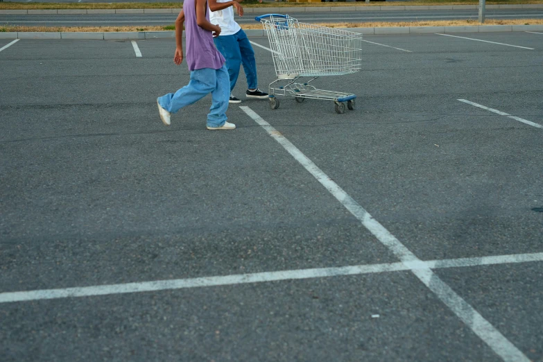 two people walking in a parking lot with a shopping cart, flickr, square lines, on ground, marking lines, blue print