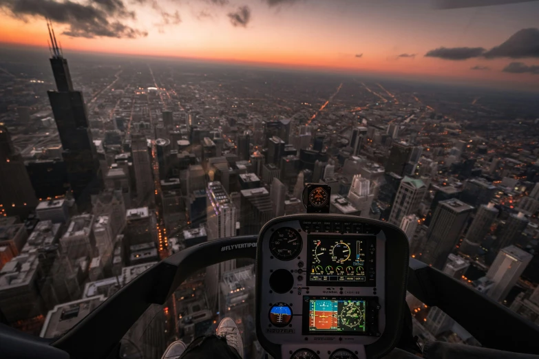 a view of a city from a helicopter, a picture, by Greg Rutkowski, unsplash contest winner, airplane cockpit, twilight skyline, chicago, riding in the sky