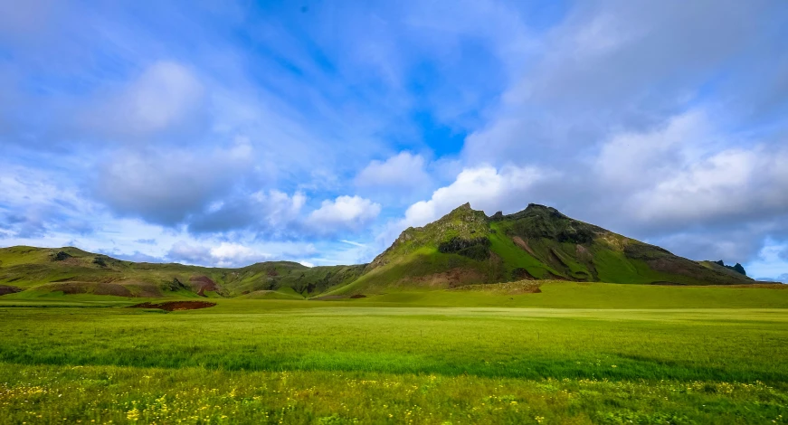 a green field with a mountain in the background, by Þórarinn B. Þorláksson, pexels contest winner, color field, brown, mythical floral hills, conde nast traveler photo, bright sky