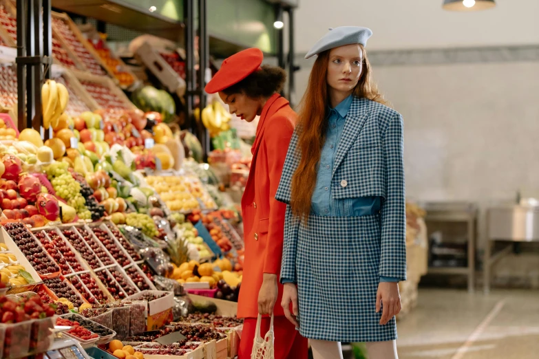 a couple of women standing next to each other in front of a fruit stand, by Anita Malfatti, digital art, gucci catwalk, wearing a blue jacket, stood in a supermarket, movie filmstill