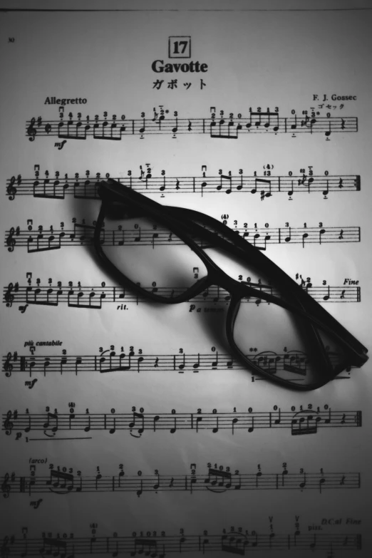 a pair of glasses sitting on top of a sheet of music, in the back of my mind, monochrome:-2, bass music, sheet music