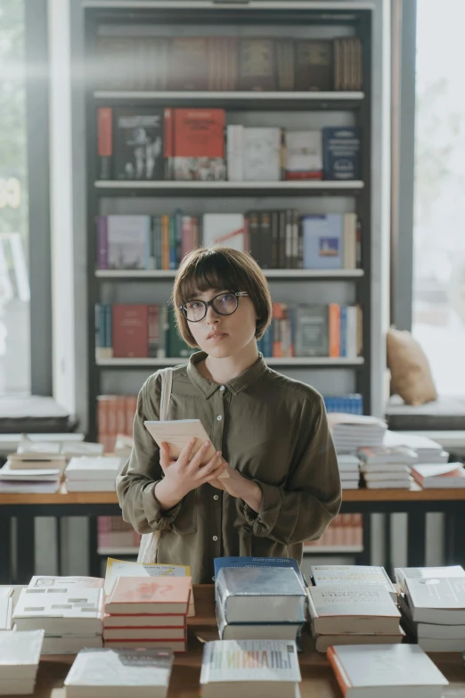 a woman standing in front of a table full of books, by Attila Meszlenyi, trending on unsplash, in square-rimmed glasses, portrait androgynous girl, finn wolfhard, bookshops