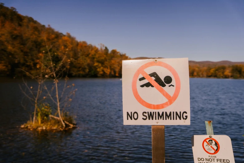 a no swimming sign in front of a body of water, a poster, unsplash, fall season, 2000s photo, mark miner, tourist photo