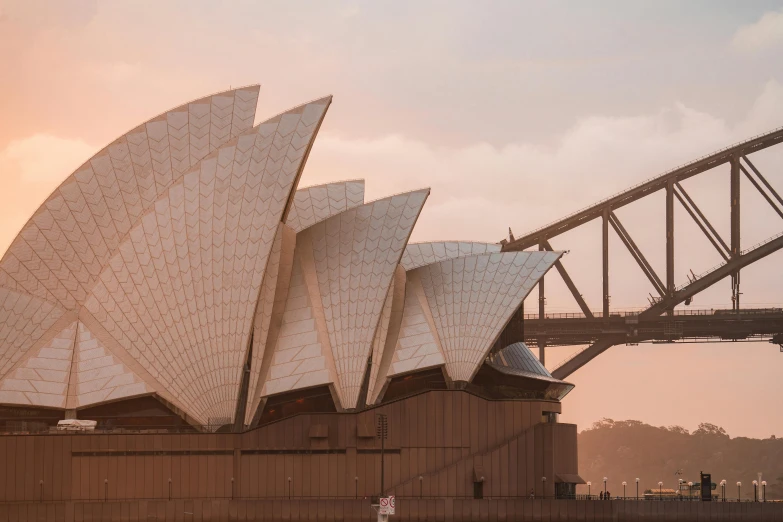 a view of the sydney opera house with a bridge in the background, inspired by Sydney Carline, pexels contest winner, australian tonalism, pink golden hour, 9 9 designs, buttresses, brown