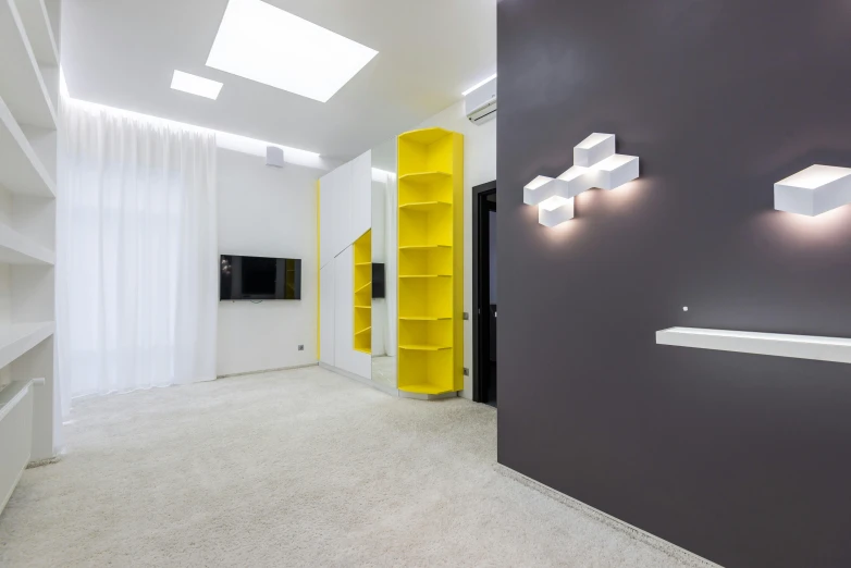 a living room filled with furniture and a flat screen tv, inspired by Bauhaus, unsplash, light and space, neo kyiv, yellow carpeted, origami studio 3 design, fluorescent ceiling lights