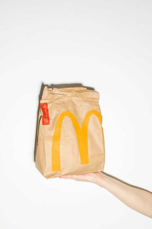 a person holding a paper bag with a mcdonald's logo on it, by Adam Saks, unsplash, photorealism, plain background, chicken sandwich, on clear background, folded