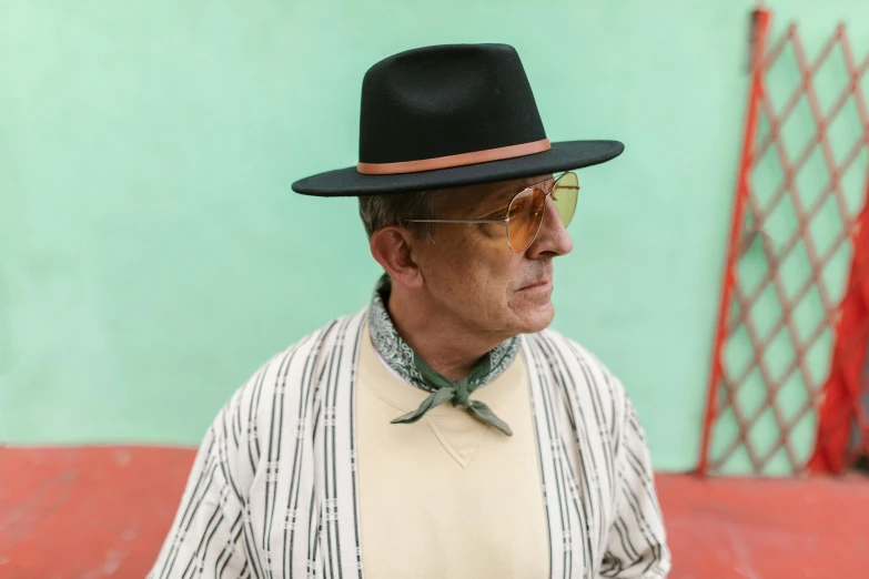 a man wearing a black hat and glasses, an album cover, inspired by Richard Hamilton, unsplash, bauhaus, hugh laurie, wearing wide sunhat, patterned clothing, square