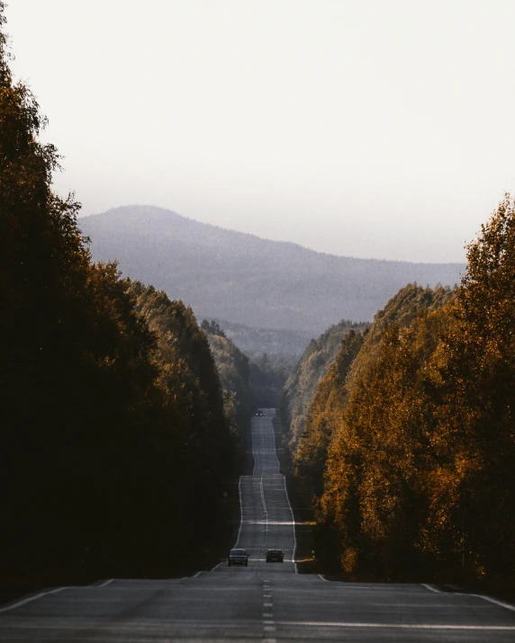 a car driving down a road surrounded by trees, mountains in the distance, unsplash photography, multiple stories, historical photo