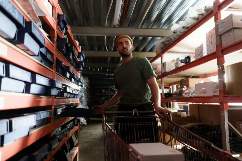 a man with a shopping cart in a warehouse, a portrait, reddit, aftermarket parts, 8k octan photo, lachlan bailey, ::