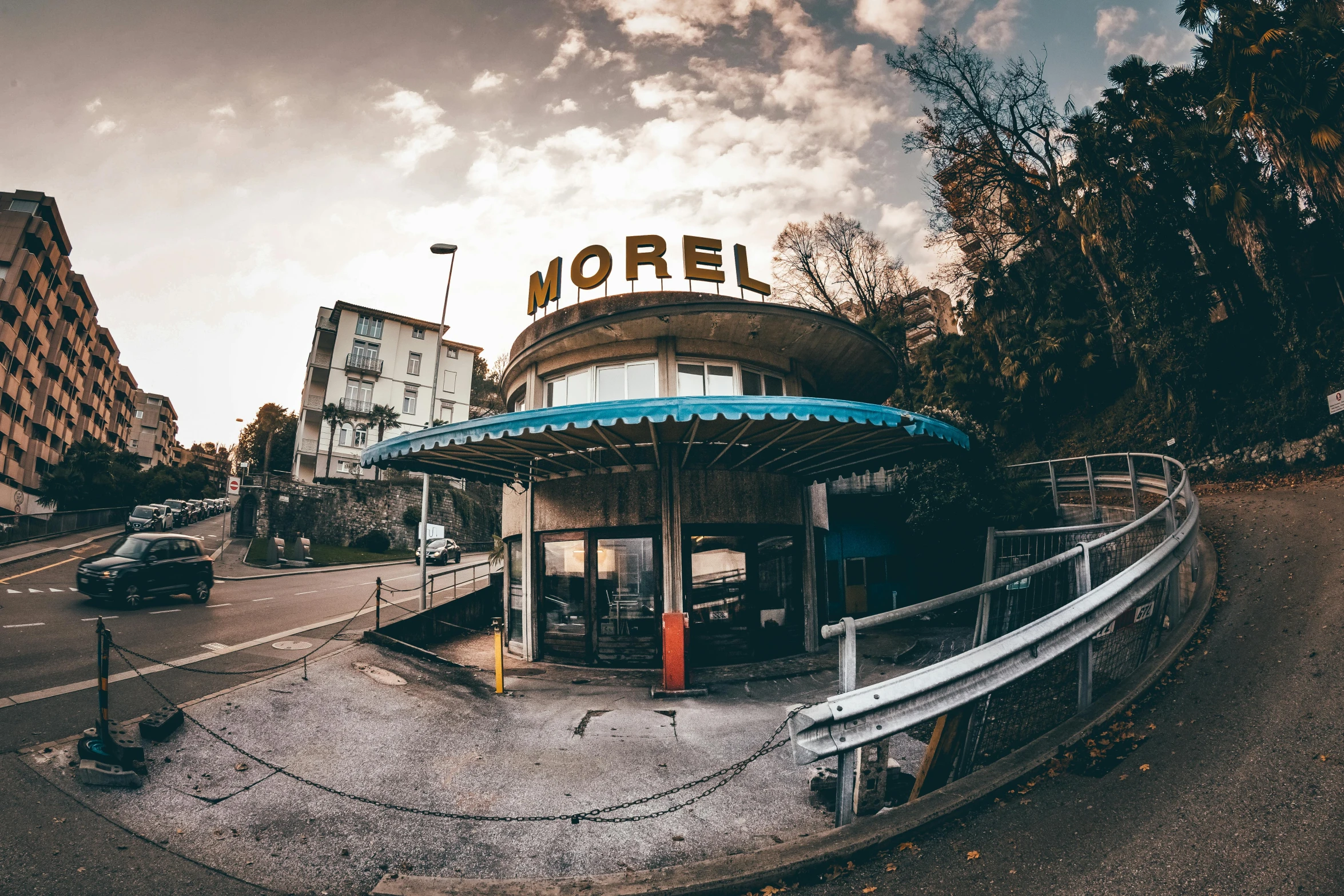 a motel sitting on the side of a road, pexels contest winner, art nouveau, model kit, wide angle + masterpiece, 🚿🗝📝, karel thole