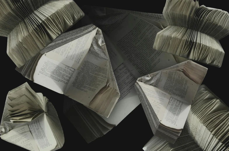 a bunch of folded books sitting on top of each other, a digital rendering, inspired by Anna Füssli, unsplash, conceptual art, on dark paper, dollar bills floating, ignant, corrupted data