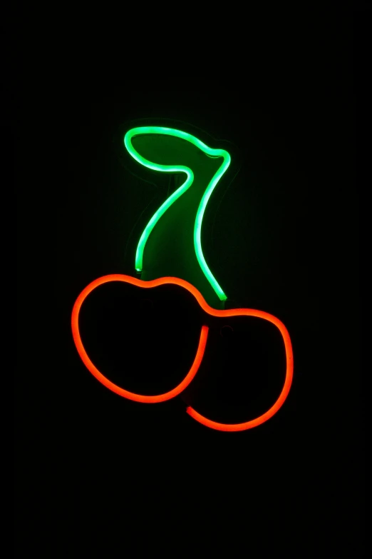 a neon sign with two cherries on it, by Tom Bonson, reddit, pop art, 2 5 6 x 2 5 6 pixels, seven, in detail, kitty