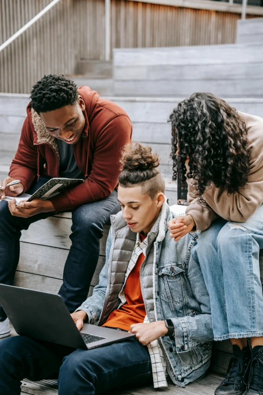 a group of people sitting on steps with laptops, trending on pexels, renaissance, ashteroth, teenage boy, looking her shoulder, collaborative