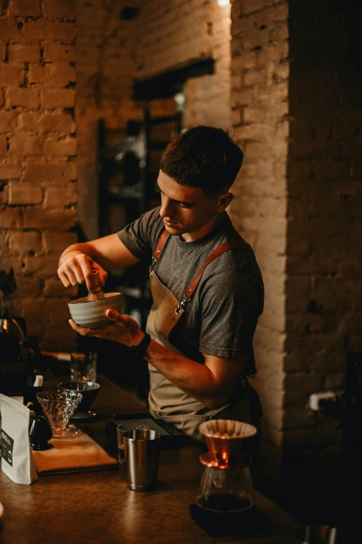 a bari serving a cup of coffee at a bar, a portrait, by Lee Loughridge, pexels contest winner, aussie baristas, grind, around 20 yo, thumbnail