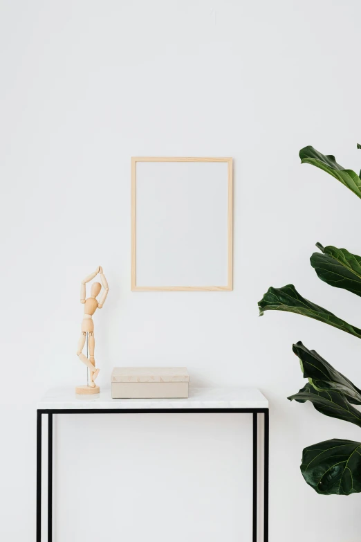 a white table with a plant in front of it, a marble sculpture, trending on unsplash, visual art, full body framing, holding a wood piece, beautifully framed, thin line art