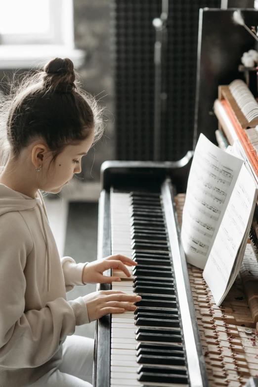 a little girl sitting on the floor playing a piano, pexels contest winner, modernism, private school, thumbnail, profile pic, upright
