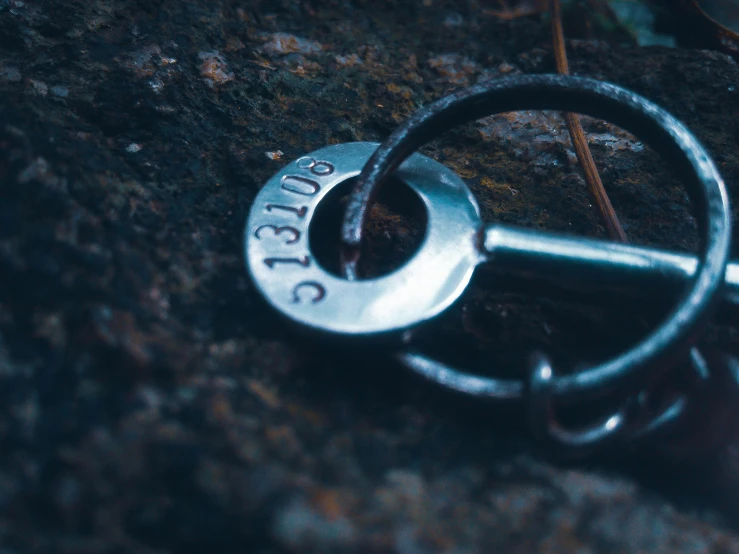 a close up of a key on a rock, an etching, trending on pexels, hook as ring, single character, piercing, forged