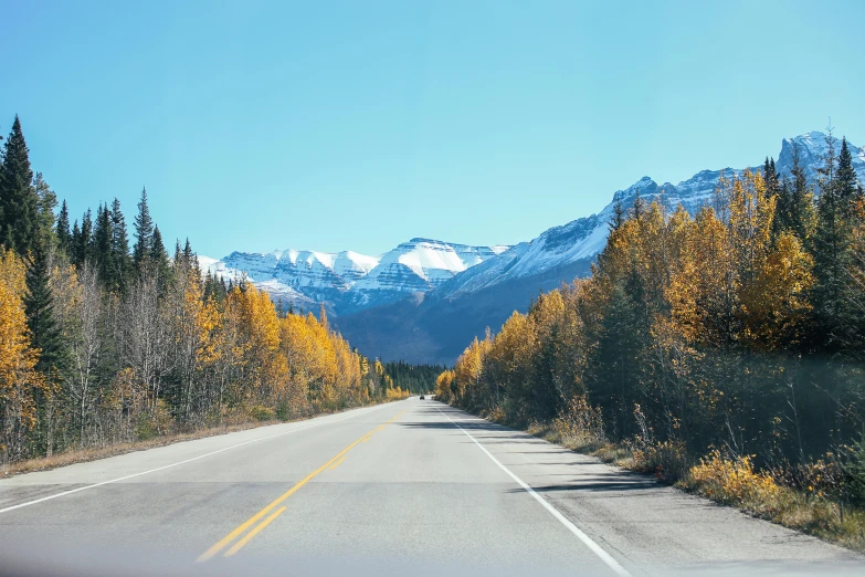 a car driving down a road with mountains in the background, by Whitney Sherman, pexels contest winner, autumnal colours, glacier, stephen shore, spruce trees