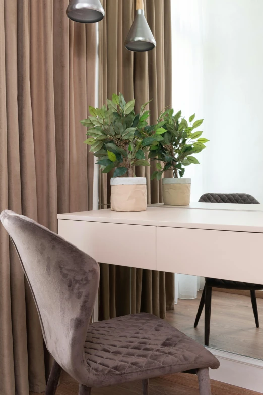 a white desk with a chair and a mirror, tree and plants, taupe, high resolution image, extra detail