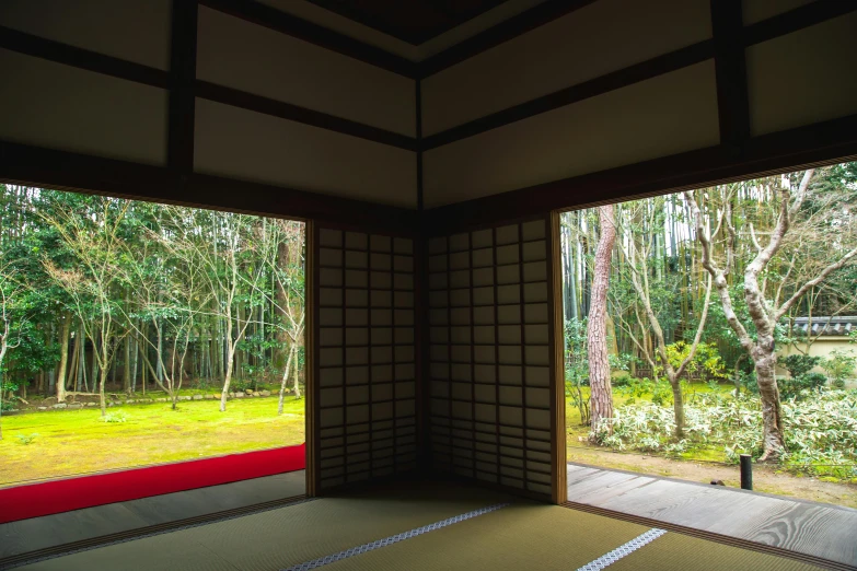 a room with a view of a forest through the windows, inspired by Sesshū Tōyō, trending on unsplash, sōsaku hanga, tiled room squared waterway, museum photo, slide show, lush surroundings