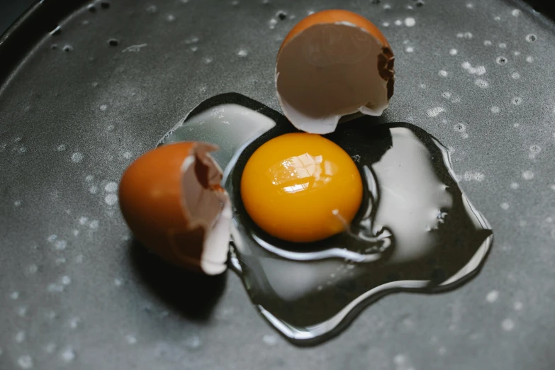 a broken egg sitting on top of a frying pan, trending on pexels, brown, grey, resin, edible