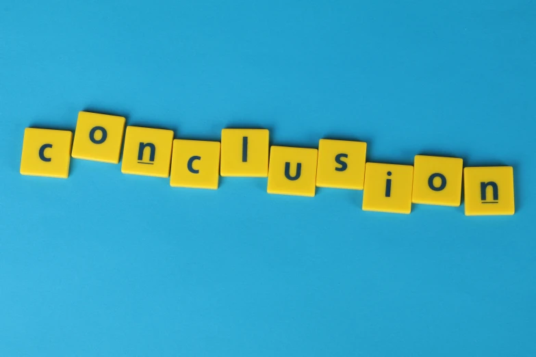 wooden blocks spelling the word conclusion on a blue background, a picture, by Lynn Pauley, shutterstock, constructivism, royal commission, one contrasting small feature, round-cropped, on a yellow canva