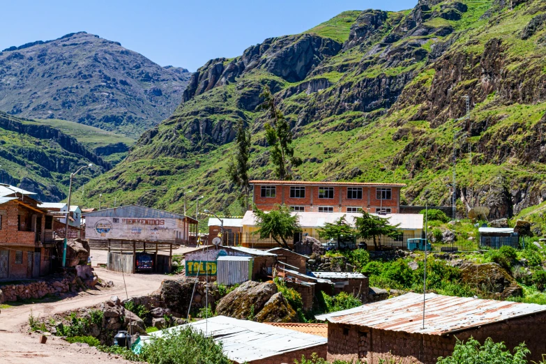 a small village with mountains in the background, by Daniel Lieske, trending on unsplash, ivan bolivian, mining outpost, slide show, mongezi ncaphayi