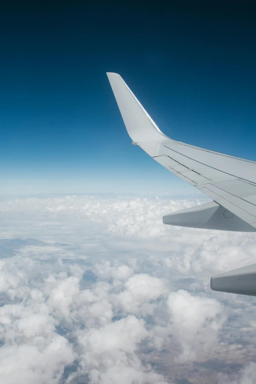the wing of an airplane flying above the clouds, by Daniel Taylor, like a catalog photograph, fan favorite, stockphoto, in profile
