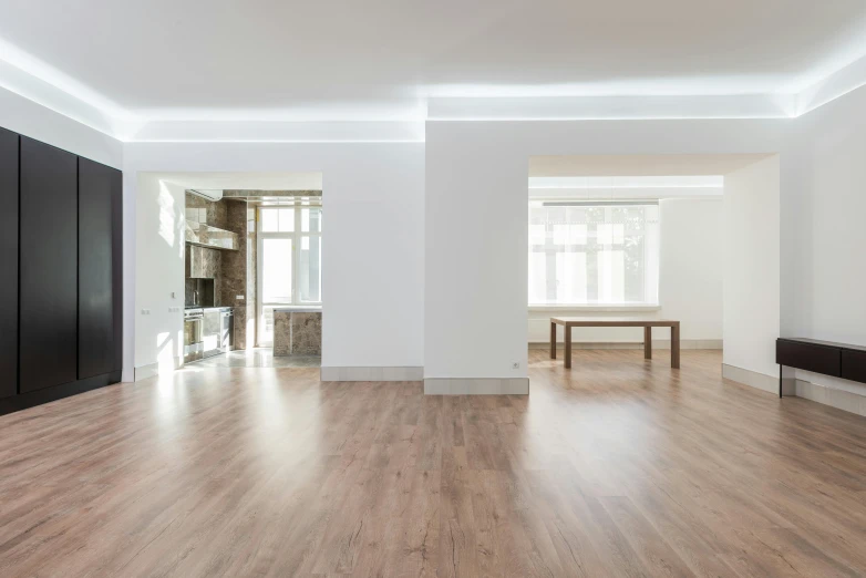 a living room with hardwood floors and white walls, by Nina Hamnett, unsplash, light and space, ultra wide angle isometric view, no two rooms are identical. 4k, volumetric lighting - n 9, ultra realistic 8k octa photo