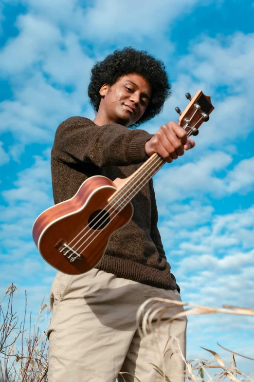 a man standing in a field holding a guitar, ukulele, profile image, black man with afro hair, blue skies