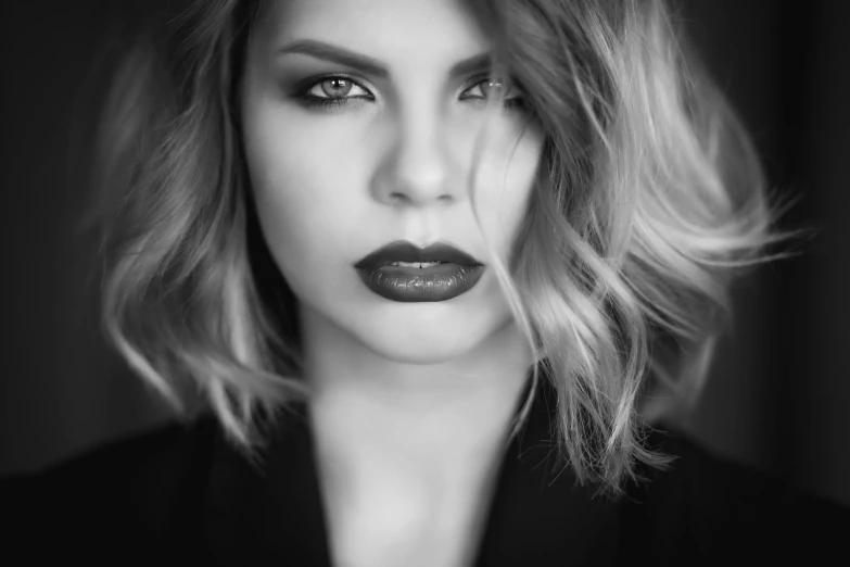 a black and white photo of a woman, a black and white photo, trending on cgsociety, dark red lips, professional closeup photo, portrait of a cute woman, sofya emelenko