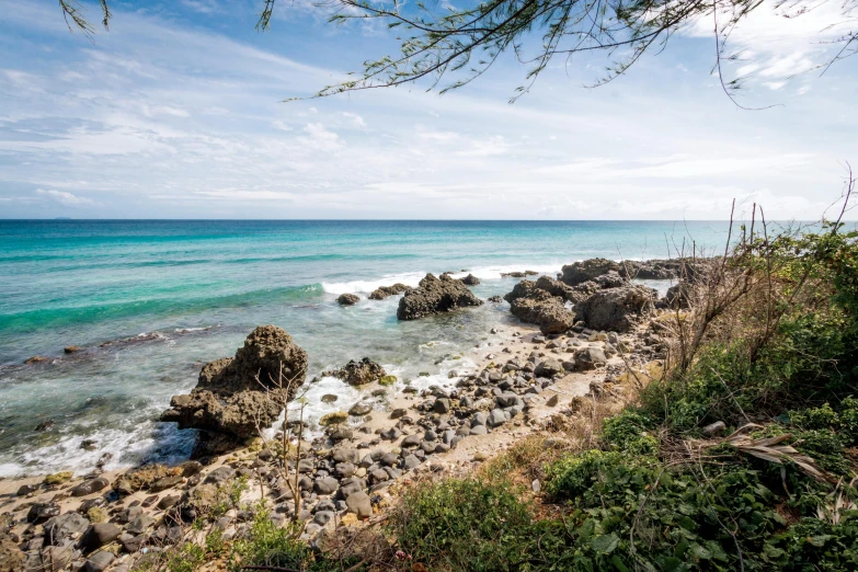 a view of the ocean from the top of a hill, a photo, in a beachfront environment, rocky beach, conde nast traveler photo, bulli