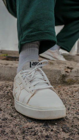 a person wearing green pants and white sneakers, inspired by Ladrönn, trending on pexels, socks, a labeled, upward shot, low quality photo