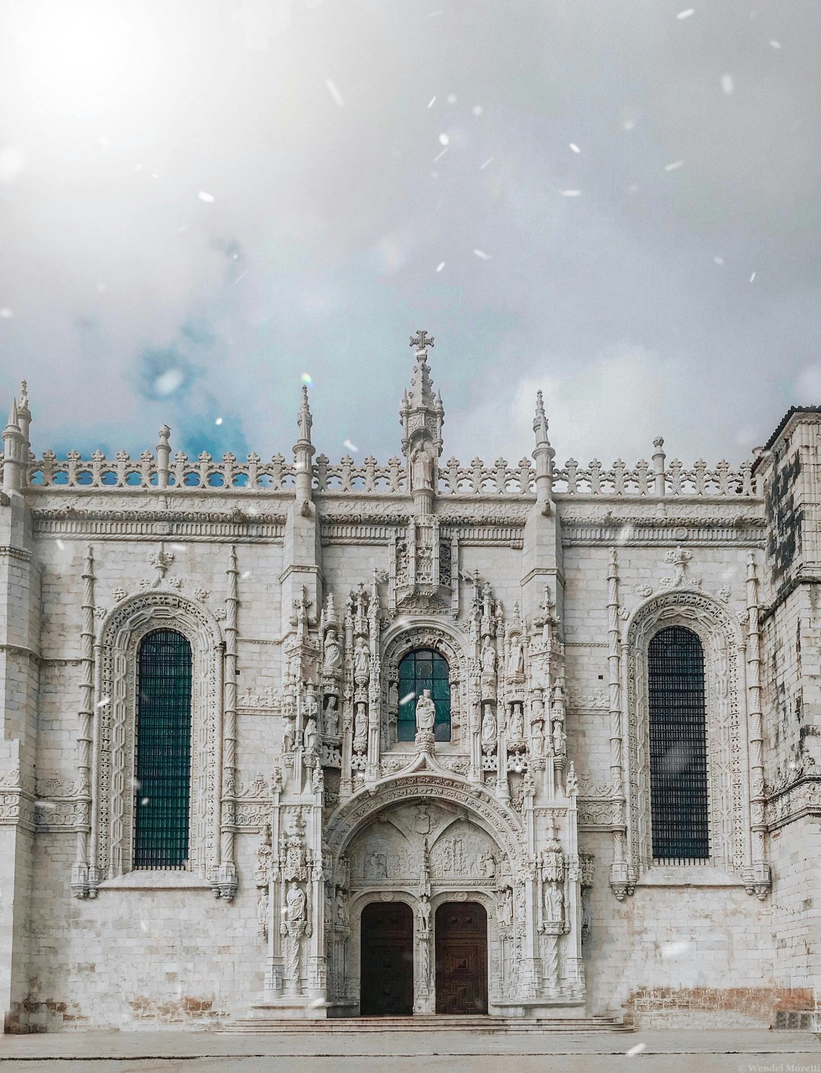 a group of people standing in front of a large building, pexels contest winner, renaissance, the raining city of lisbon, white church background, silver filigree details, youtube thumbnail