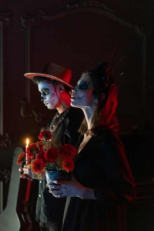 a couple of people standing next to each other, pexels, vanitas, dia de muertos, horror movie lighting, square, two women