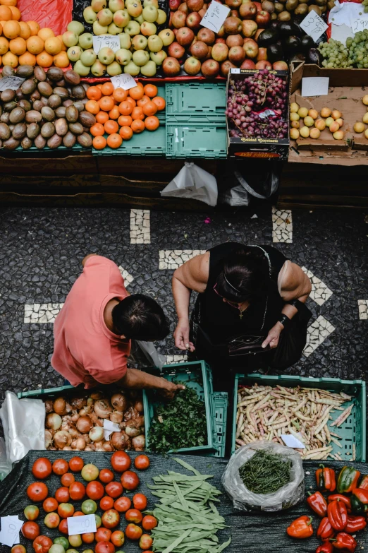 a couple of people at a fruit and vegetable stand, pexels contest winner, renaissance, birds eye view, square, azores, preparing to fight