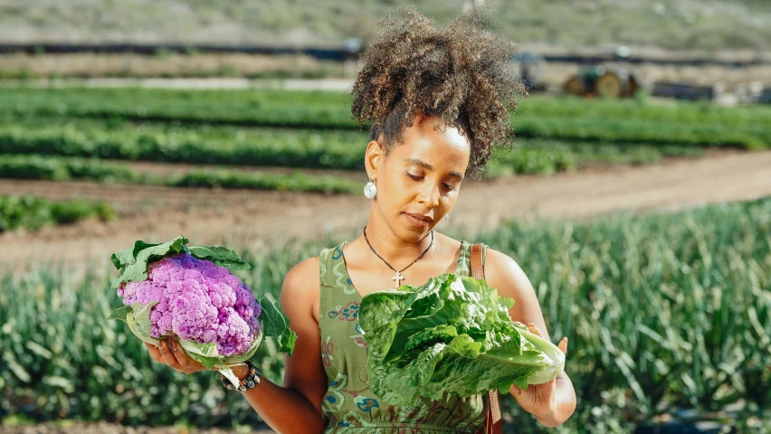 a woman standing in a field holding a bunch of vegetables, a portrait, by Kristin Nelson, pexels contest winner, big afro, hollister ranch, lettuce, avatar image