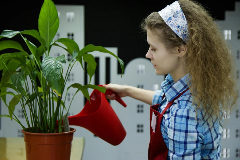 a woman watering a potted plant on a table, demo scene, profile image, dasha taran, large and tall