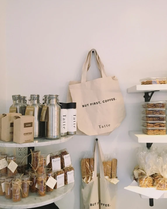 a store filled with lots of different types of food, pexels contest winner, clean minimalist design, bags, promo image, brown and white color scheme