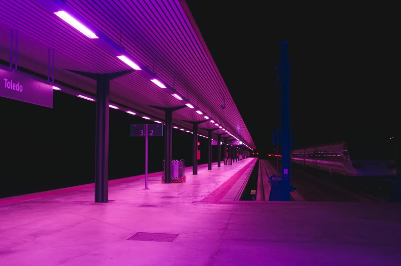 a train station at night with purple lights, unsplash contest winner, postminimalism, ((synthwave)), pink, instagram post, uv blacklight