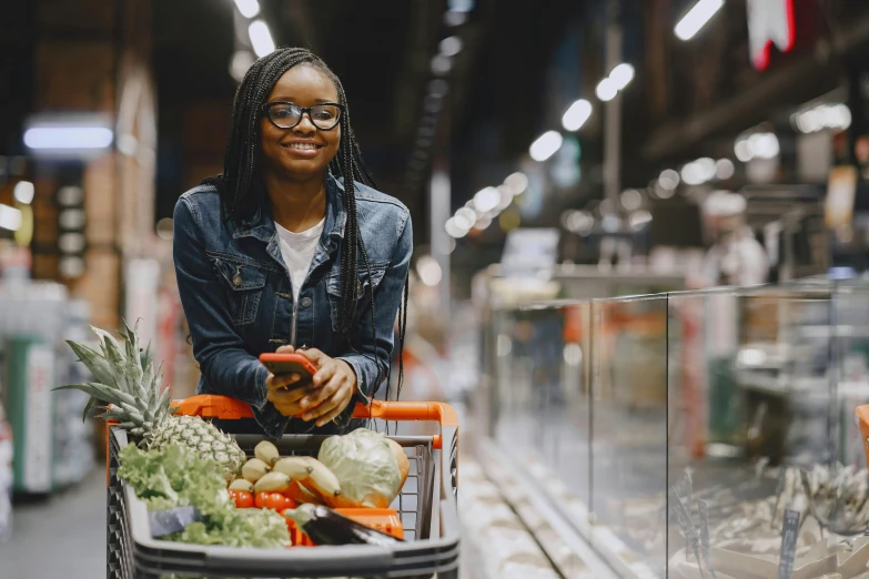 a woman holding a shopping cart in a grocery store, pexels contest winner, renaissance, black teenage girl, avatar image, portrait image, instagram picture